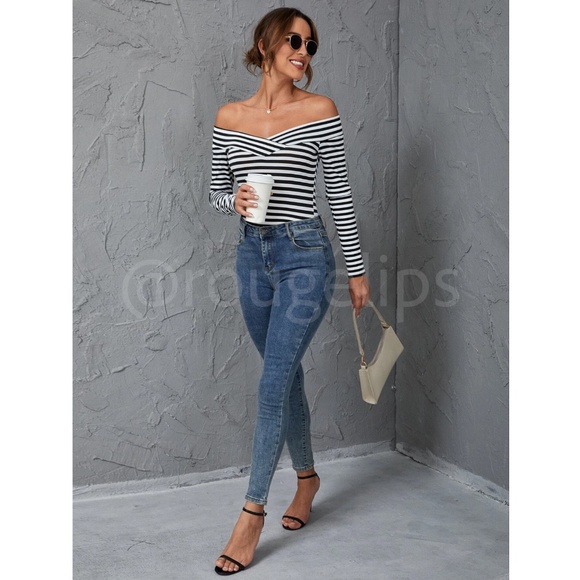 Black & White Striped Off Shoulder Long Sleeve Tee Shirt Top Slim Fit - Picture 8 of 13